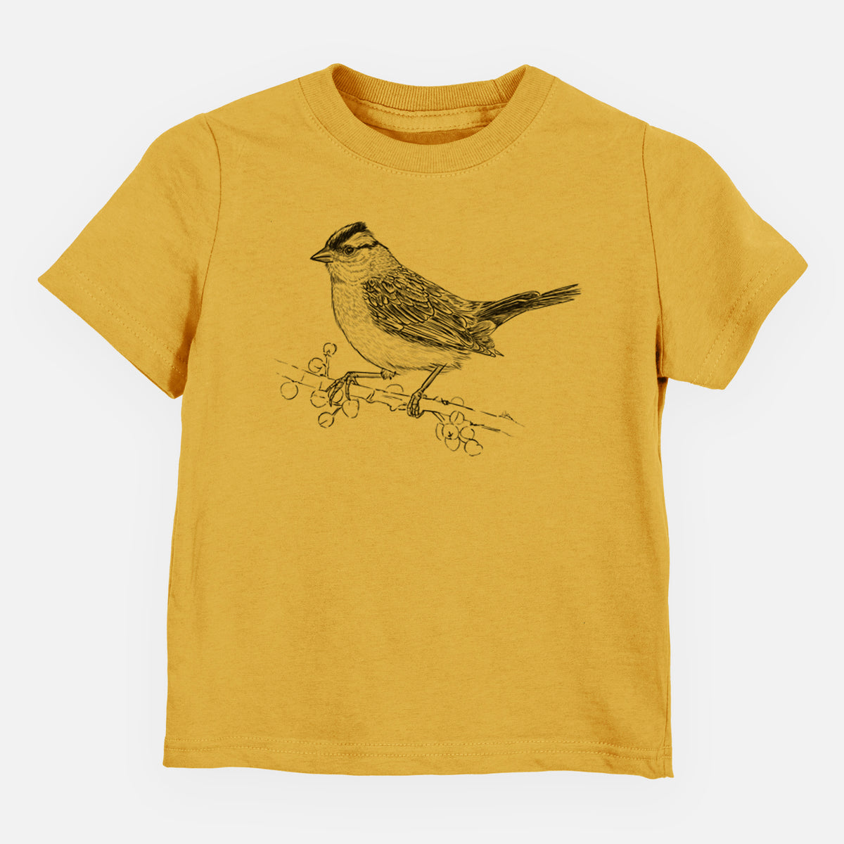 Honeycomb yellow toddler t-shirt laid flat, printed with a detailed black ink sketch of a white-crowned sparrow perched on a branch.