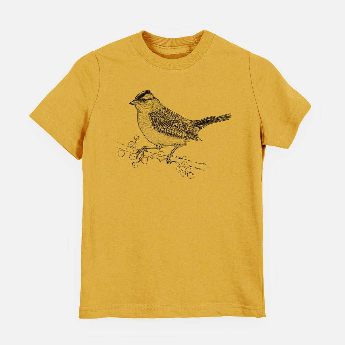 Honeycomb yellow youth t-shirt laid flat, printed with a detailed black ink sketch of a white-crowned sparrow perched on a branch.