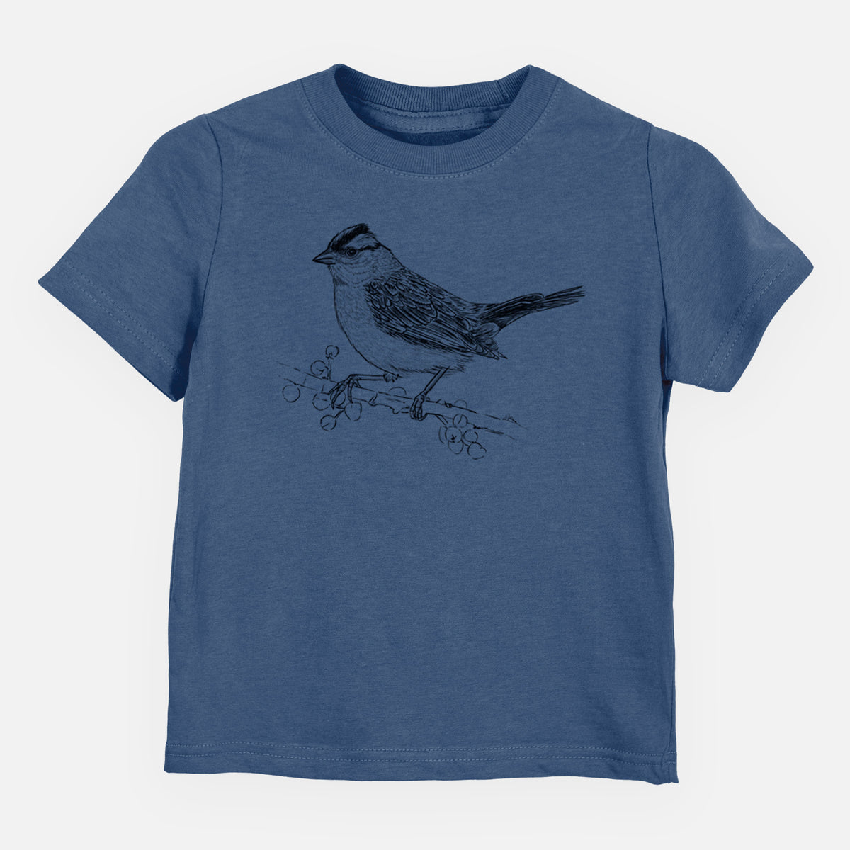 Indigo blue toddler t-shirt laid flat, printed with a detailed black ink sketch of a white-crowned sparrow perched on a branch.