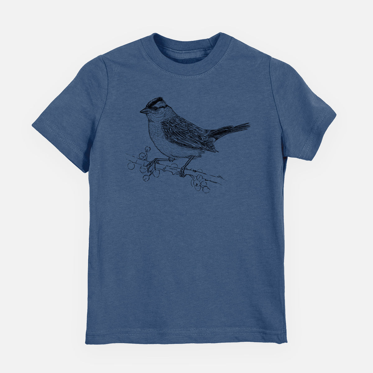 Indigo blue youth t-shirt laid flat, printed with a detailed black ink sketch of a white-crowned sparrow perched on a branch.