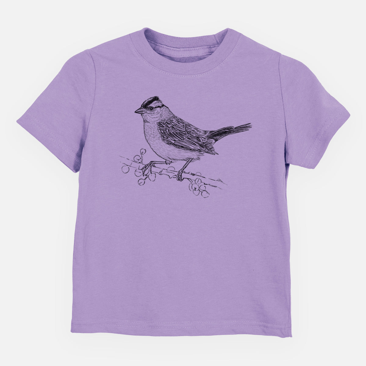 Lavender toddler t-shirt laid flat, printed with a detailed black ink sketch of a white-crowned sparrow perched on a branch.