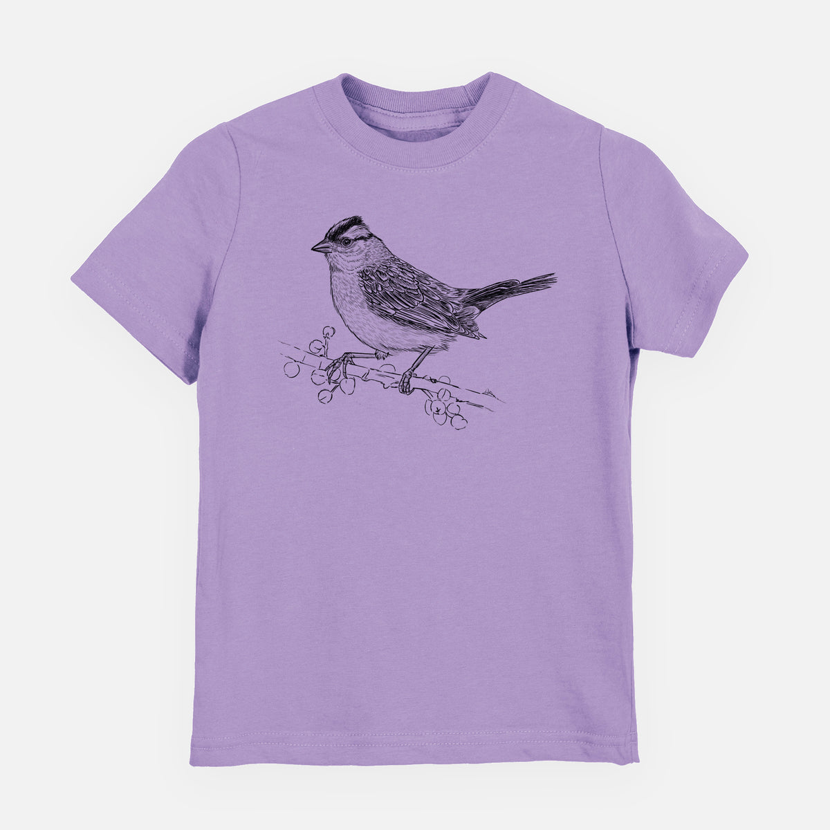 Lavender youth t-shirt laid flat, printed with a detailed black ink sketch of a white-crowned sparrow perched on a branch.
