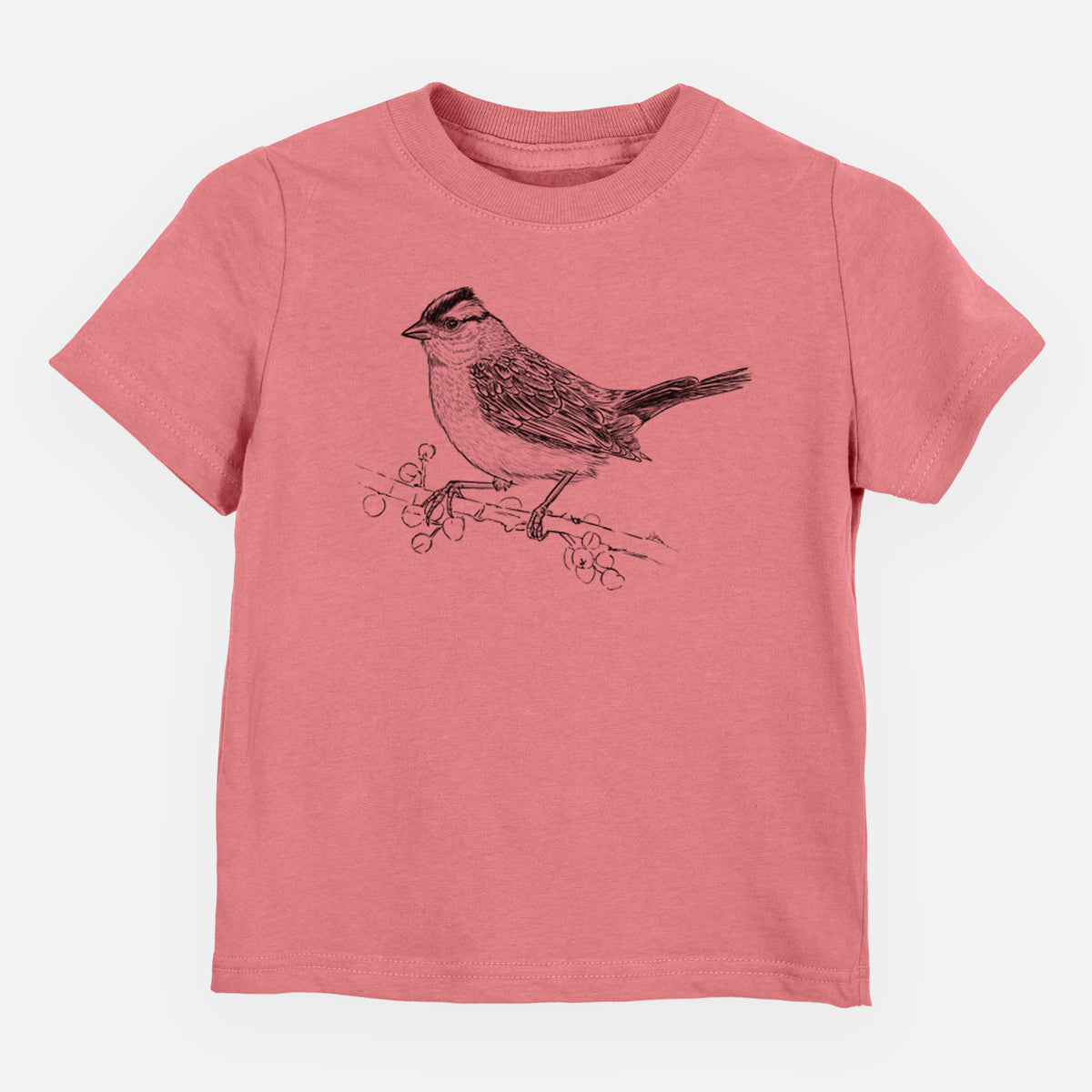 Mauve pink toddler t-shirt laid flat, printed with a detailed black ink sketch of a white-crowned sparrow perched on a branch.
