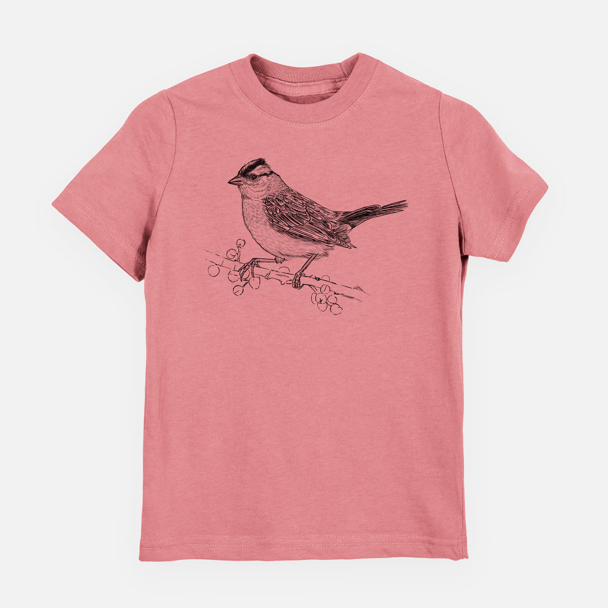 Mauve pink youth t-shirt laid flat, printed with a detailed black ink sketch of a white-crowned sparrow perched on a branch.