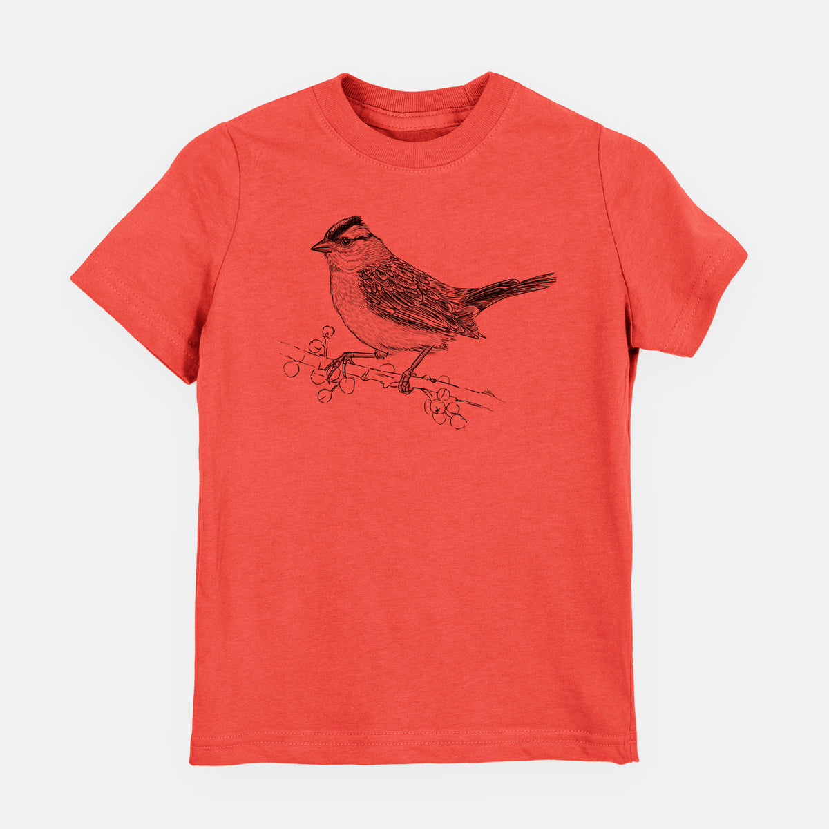 Passionfruit pink youth t-shirt laid flat, printed with a detailed black ink sketch of a white-crowned sparrow perched on a branch.