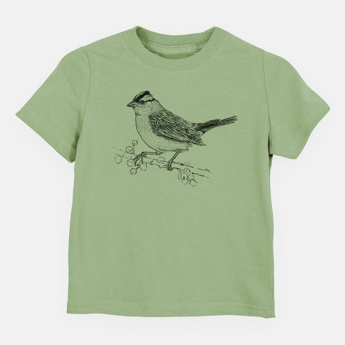 Sage green toddler t-shirt laid flat, printed with a detailed black ink sketch of a white-crowned sparrow perched on a branch.