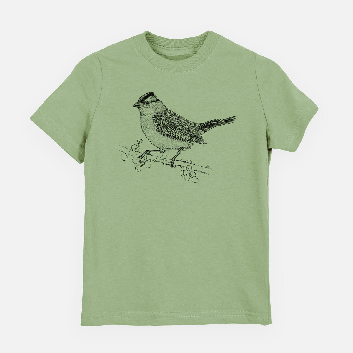 Sage green youth t-shirt laid flat, printed with a detailed black ink sketch of a white-crowned sparrow perched on a branch.