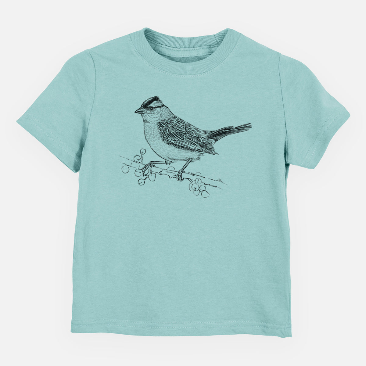 Saltwater toddler t-shirt laid flat, printed with a detailed black ink sketch of a white-crowned sparrow perched on a branch.