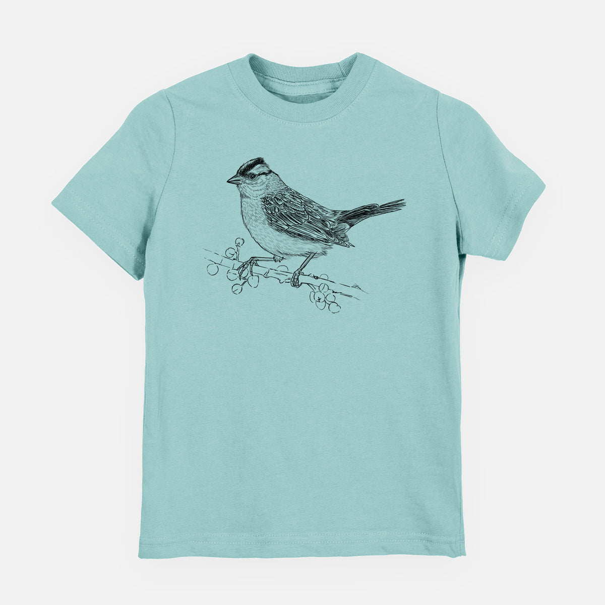 Saltwater youth t-shirt laid flat, printed with a detailed black ink sketch of a white-crowned sparrow perched on a branch.