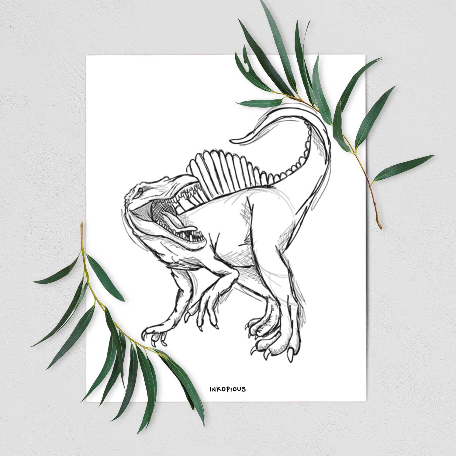 Art print of a black ink illustration of a Spinosaurus with its tall sail-shaped back, shown with eucalyptus leaves.