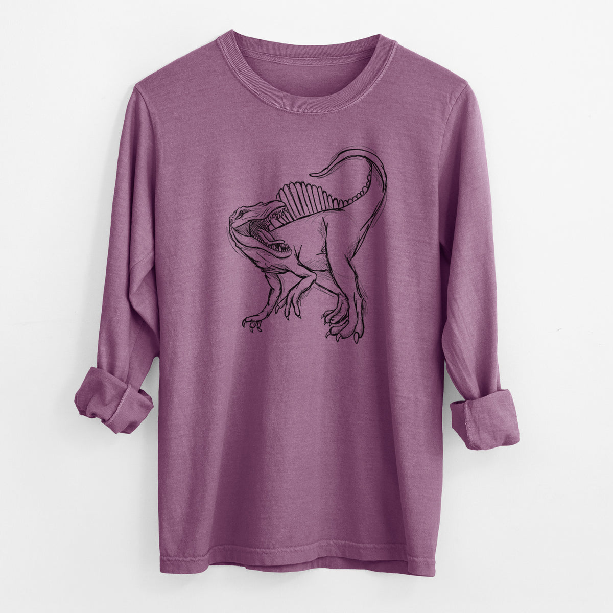 Berry pink Comfort Colors long sleeve shirt laid flat with the cuffs rolled, printed with a black ink illustration of a Spinosaurus with its tall sail-shaped back.