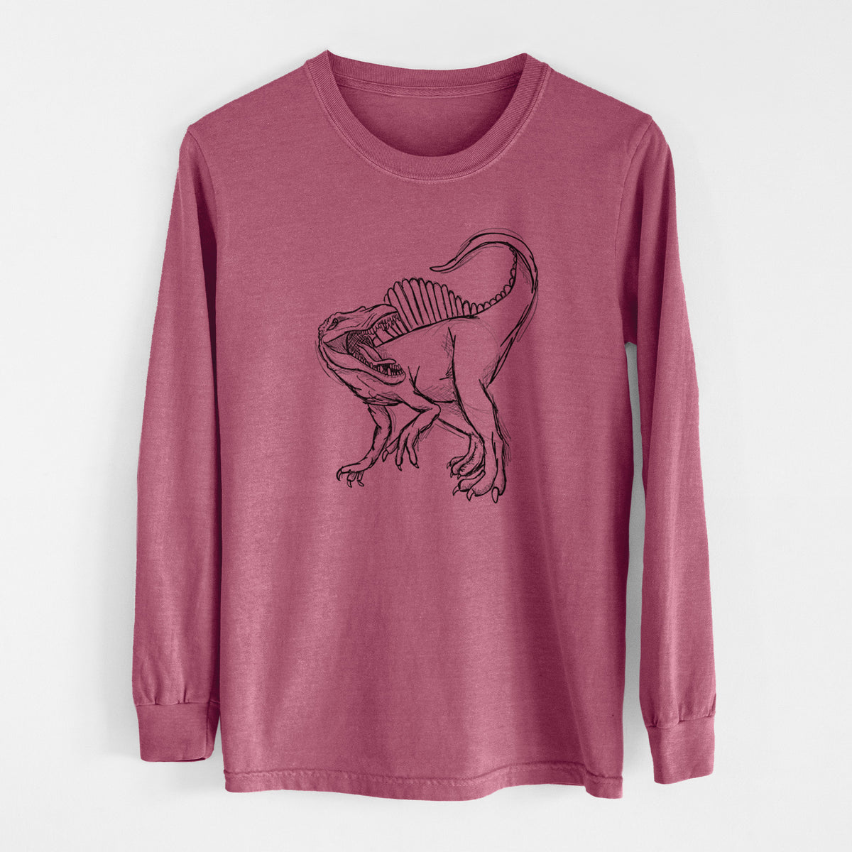 Crimson Comfort Colors long sleeve shirt laid flat, printed with a black ink illustration of a Spinosaurus with its tall sail-shaped back.