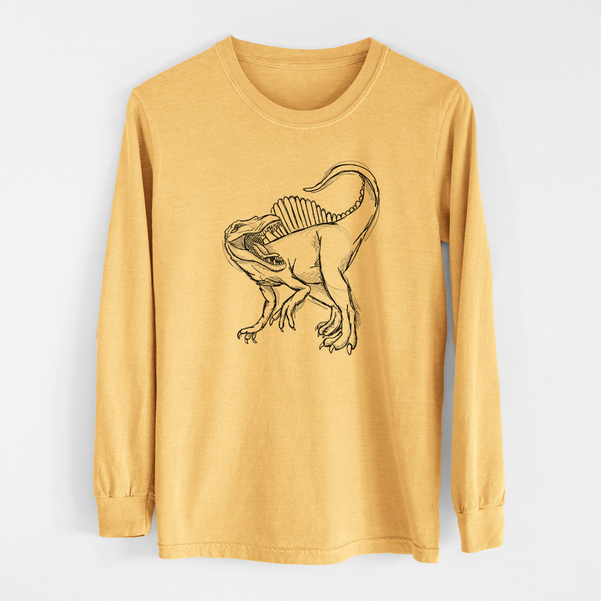 Golden wheat yellow Comfort Colors long sleeve shirt laid flat, printed with a black ink illustration of a Spinosaurus with its tall sail-shaped back.