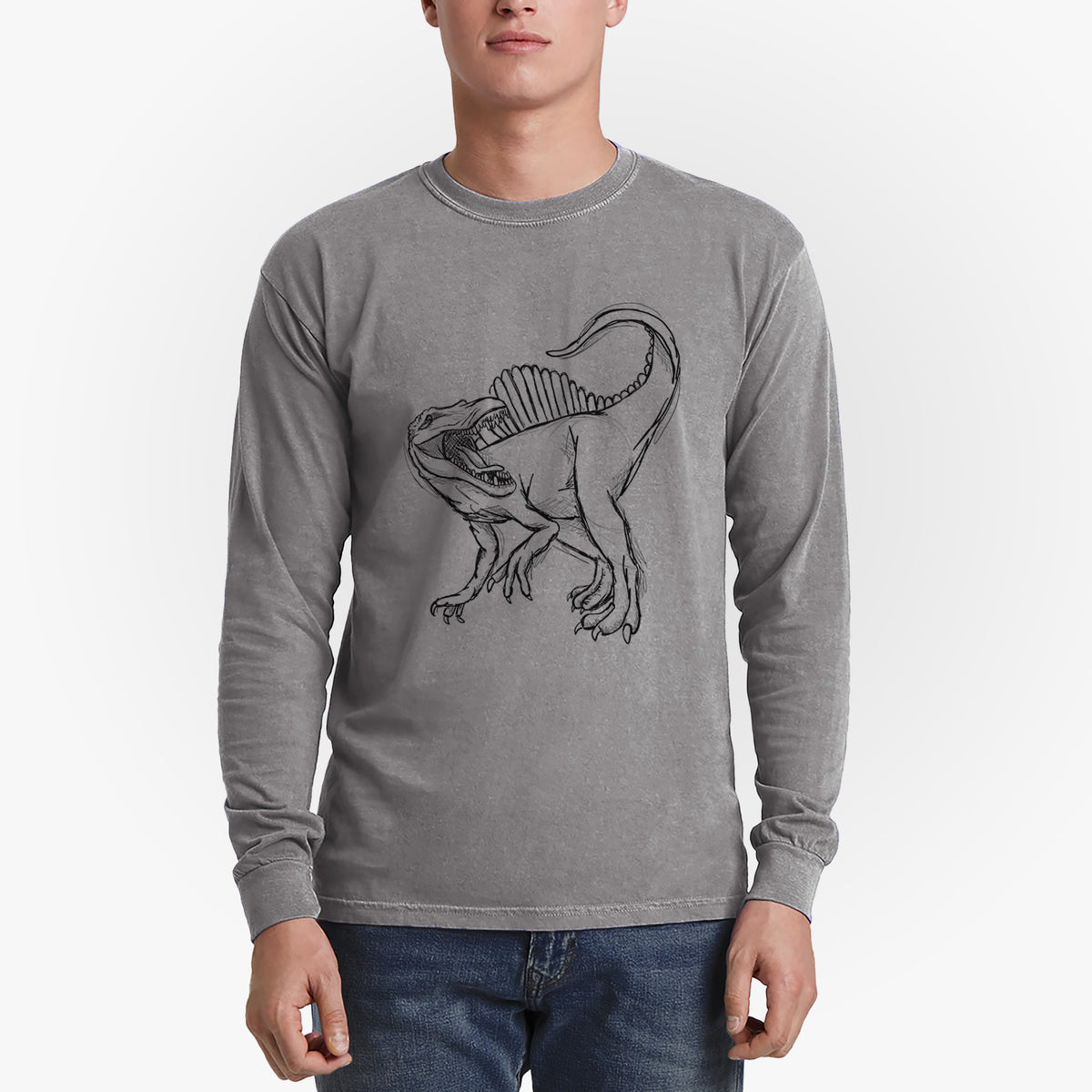 Man wearing a grey Comfort Colors long sleeve shirt printed with a black ink illustration of a Spinosaurus with its tall sail-shaped back.