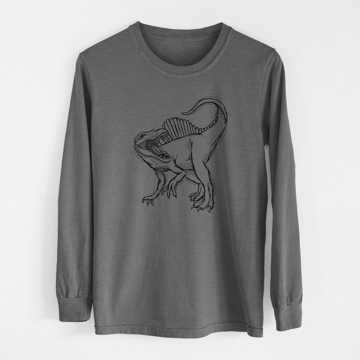 Pepper Comfort Colors long sleeve shirt laid flat, printed with a black ink illustration of a Spinosaurus with its tall sail-shaped back.