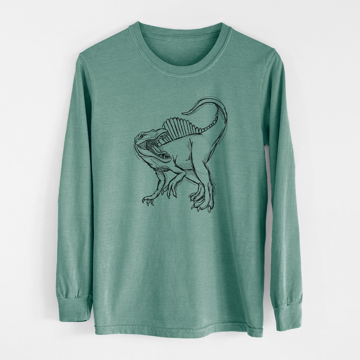 Pine green Comfort Colors long sleeve shirt laid flat, printed with a black ink illustration of a Spinosaurus with its tall sail-shaped back.