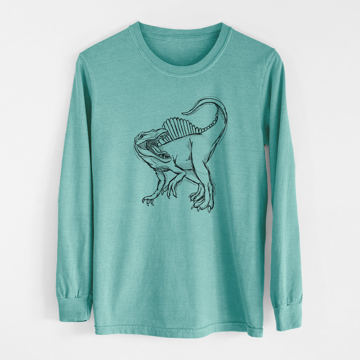 Reef green Comfort Colors long sleeve shirt laid flat, printed with a black ink illustration of a Spinosaurus with its tall sail-shaped back.