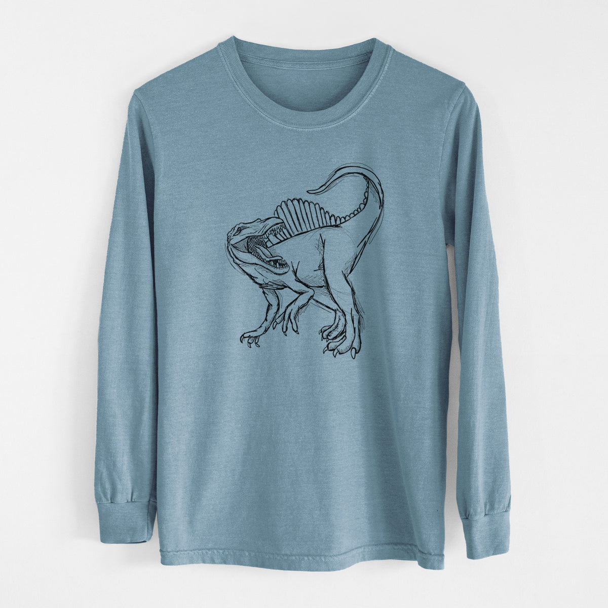Steel blue Comfort Colors long sleeve shirt laid flat, printed with a black ink illustration of a Spinosaurus with its tall sail-shaped back.