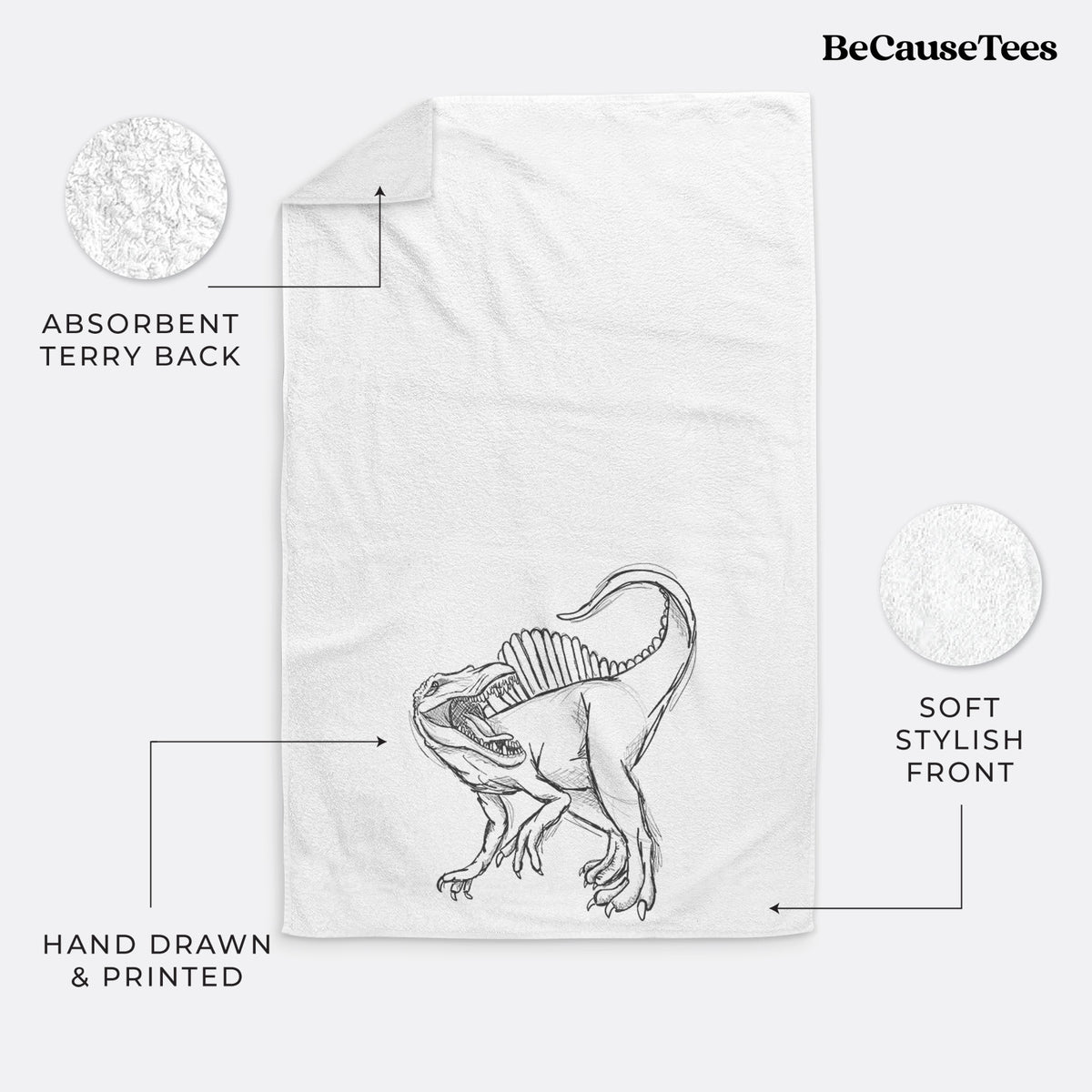 White hand towel printed with a black ink illustration of a Spinosaurus with its tall sail-shaped back.