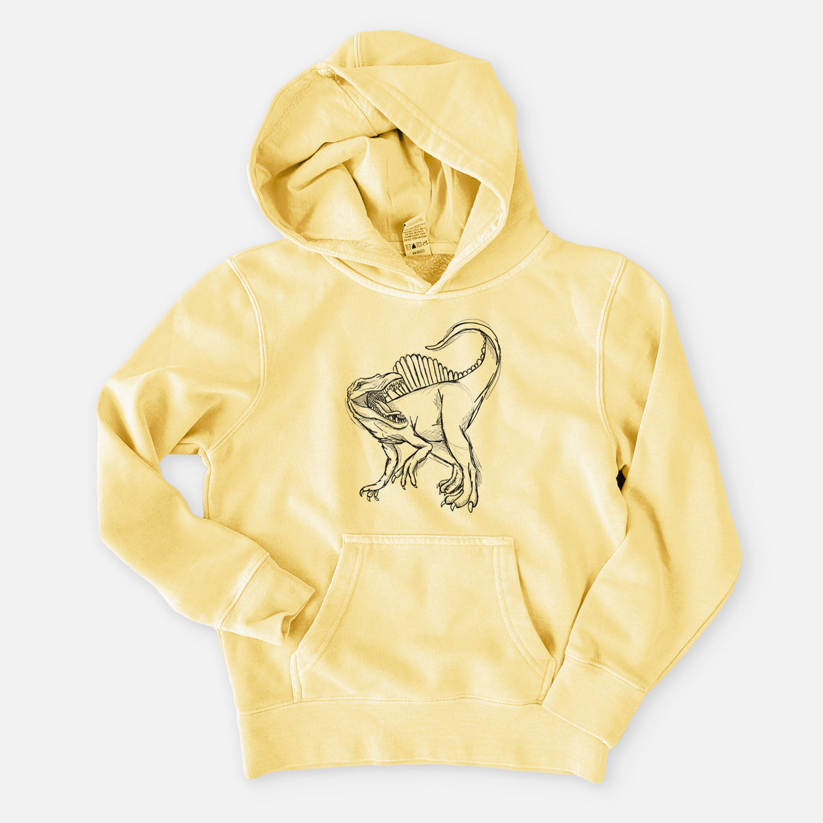 Pigment yellow youth pigment dyed hoodie laid flat, printed with a black ink illustration of a Spinosaurus with its tall sail-shaped back.