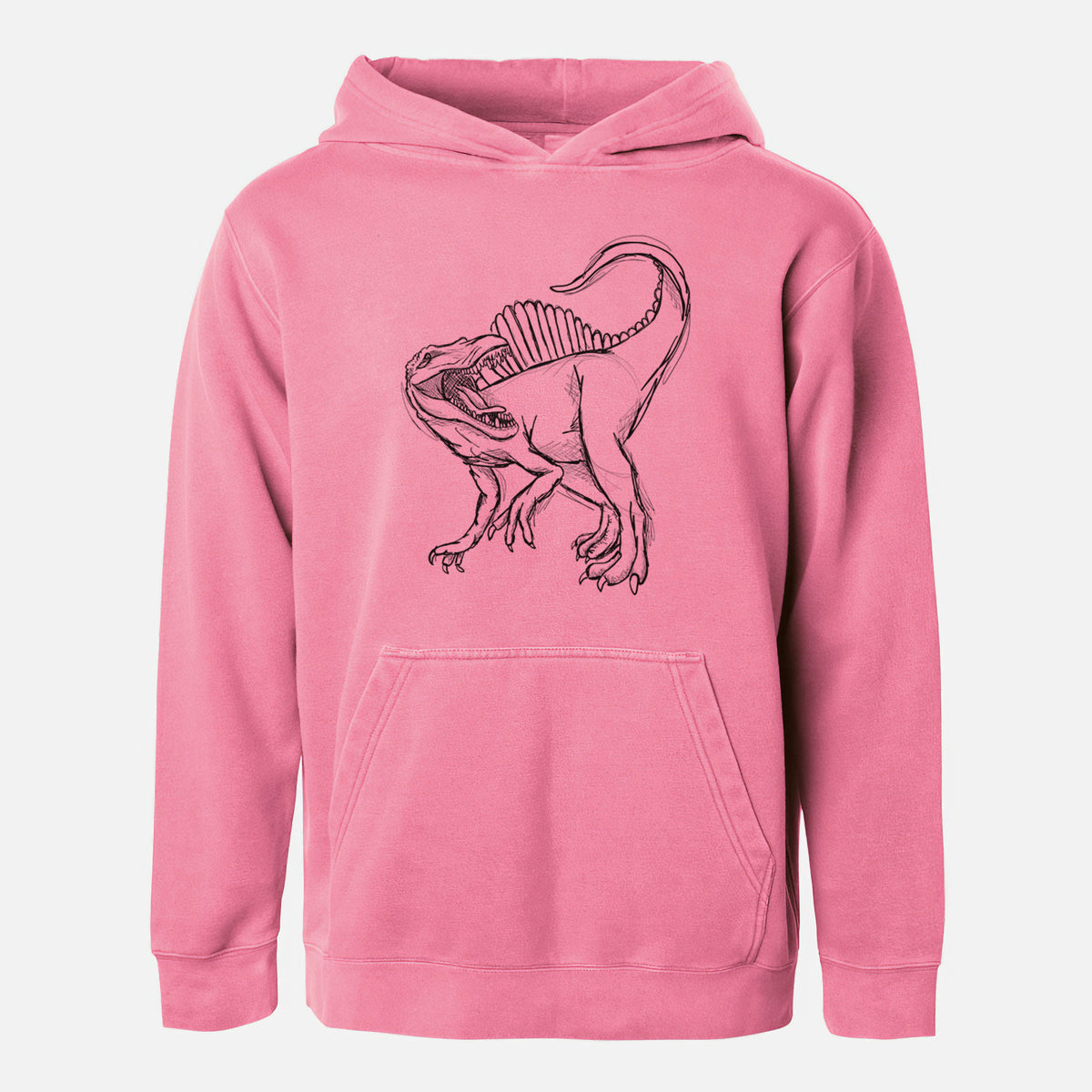 Pigment pink youth pigment dyed hoodie laid flat, printed with a black ink illustration of a Spinosaurus with its tall sail-shaped back.