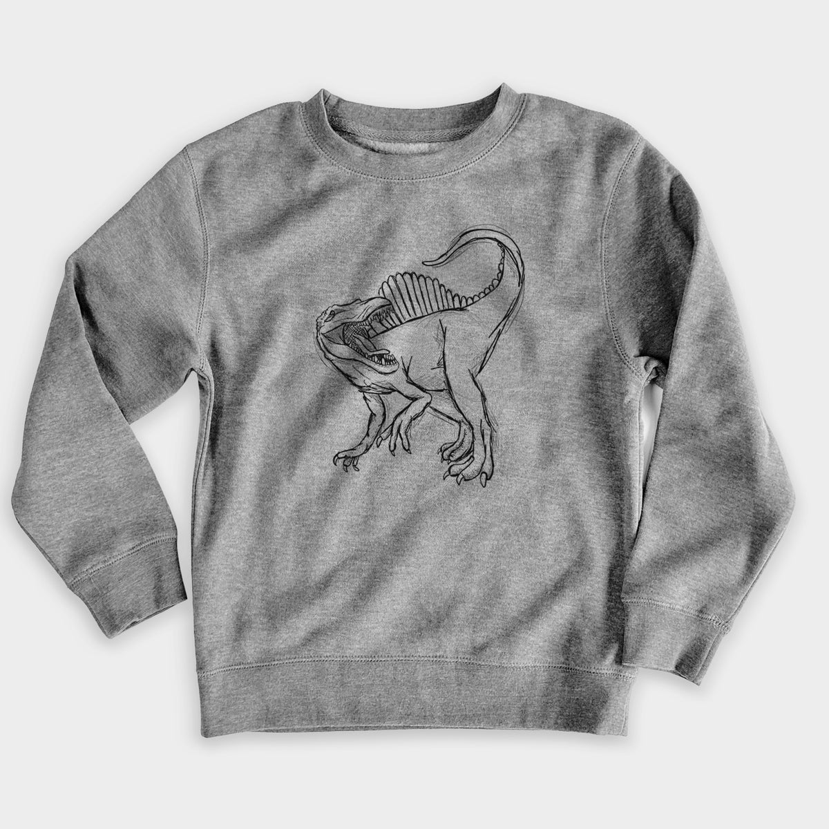 Nickel grey youth crewneck sweatshirt laid flat, printed with a black ink illustration of a Spinosaurus with its tall sail-shaped back.