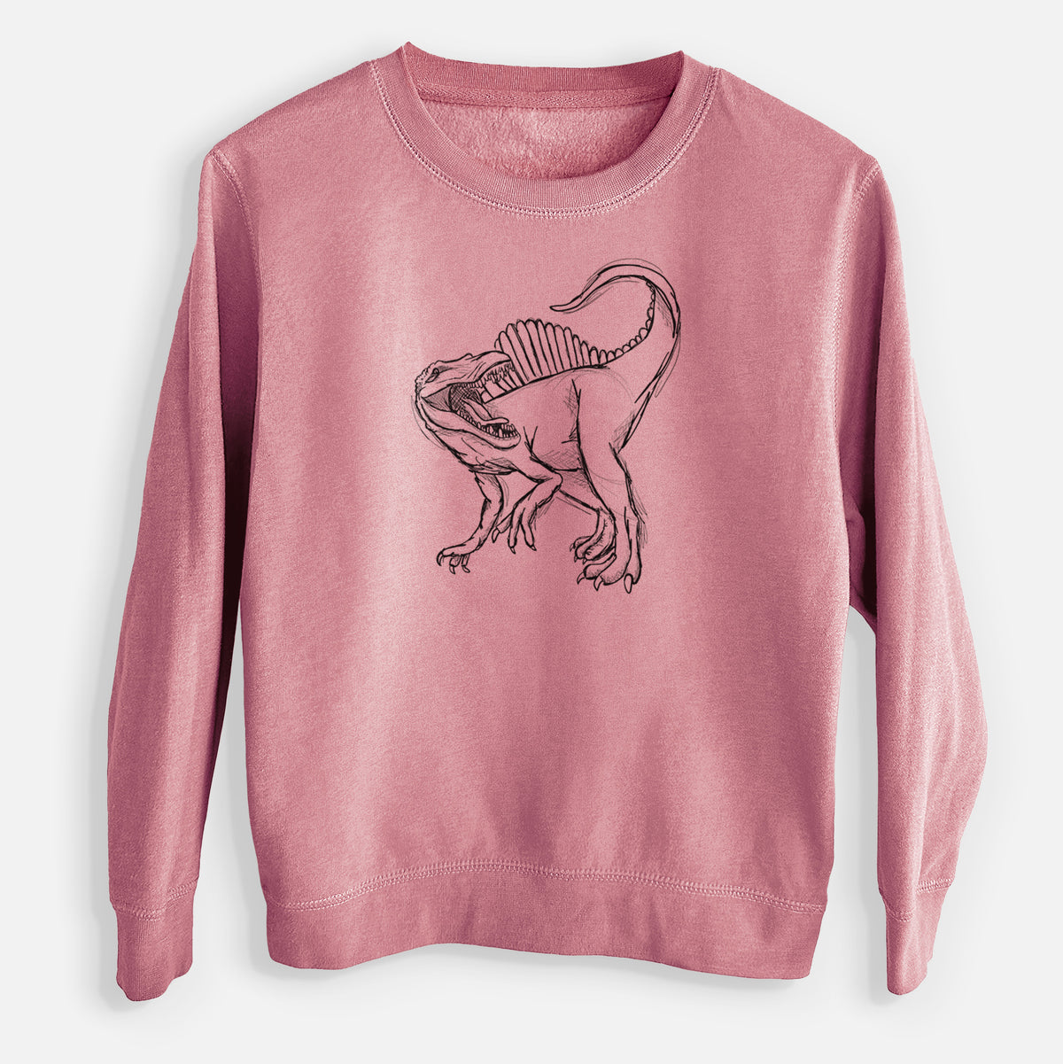 Mauve pink youth crewneck sweatshirt laid flat, printed with a black ink illustration of a Spinosaurus with its tall sail-shaped back.