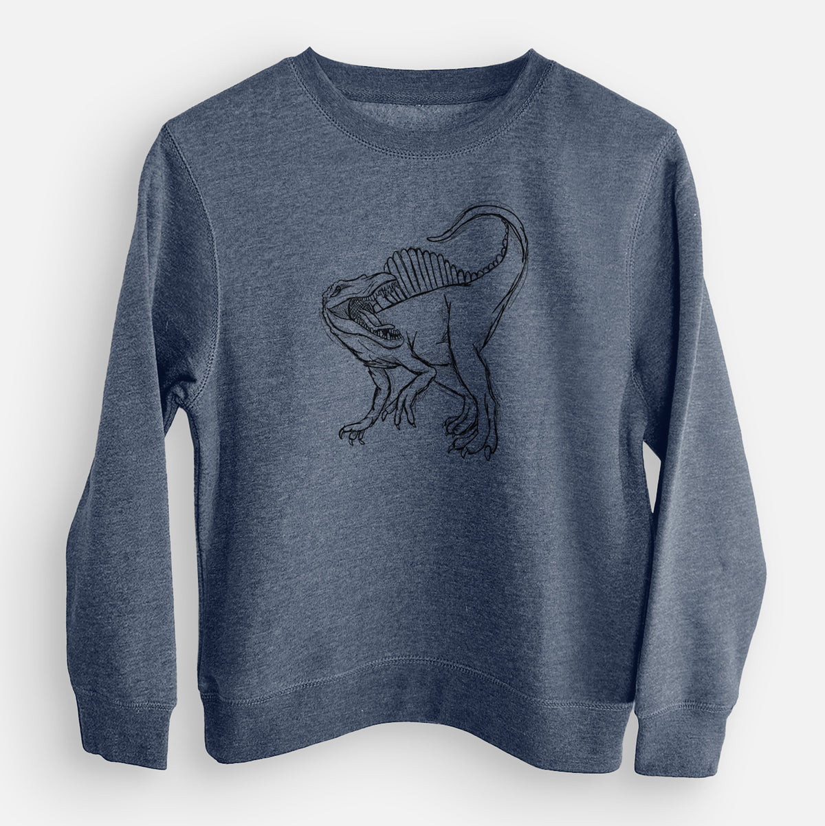 Storm blue youth crewneck sweatshirt laid flat, printed with a black ink illustration of a Spinosaurus with its tall sail-shaped back.