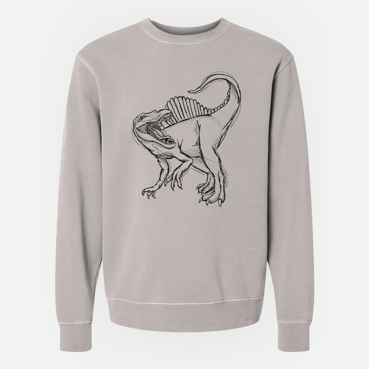 Cement grey pigment dyed crewneck sweatshirt laid flat, printed with a black ink illustration of a Spinosaurus with its tall sail-shaped back.
