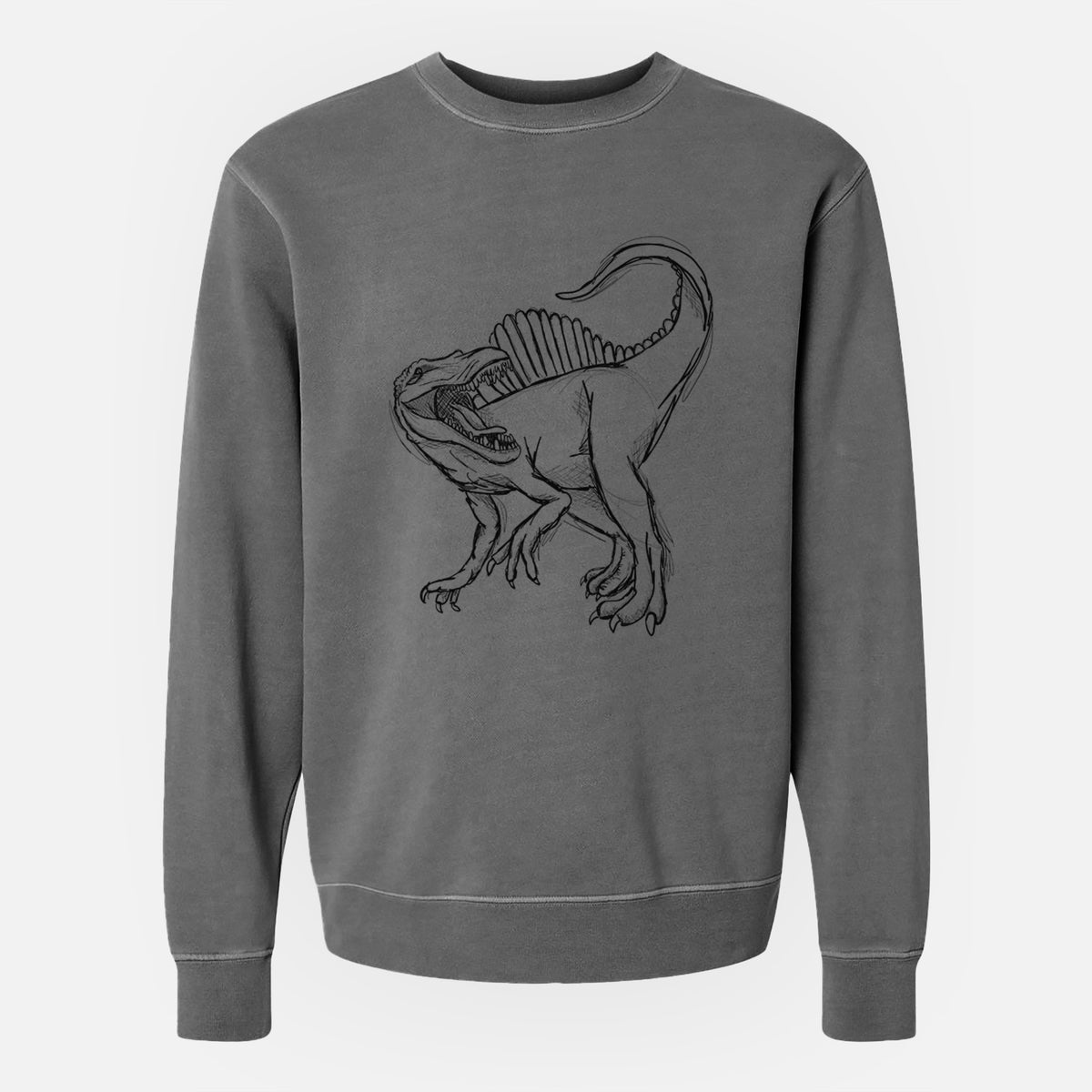 Faded black pigment dyed crewneck sweatshirt laid flat, printed with a black ink illustration of a Spinosaurus with its tall sail-shaped back.