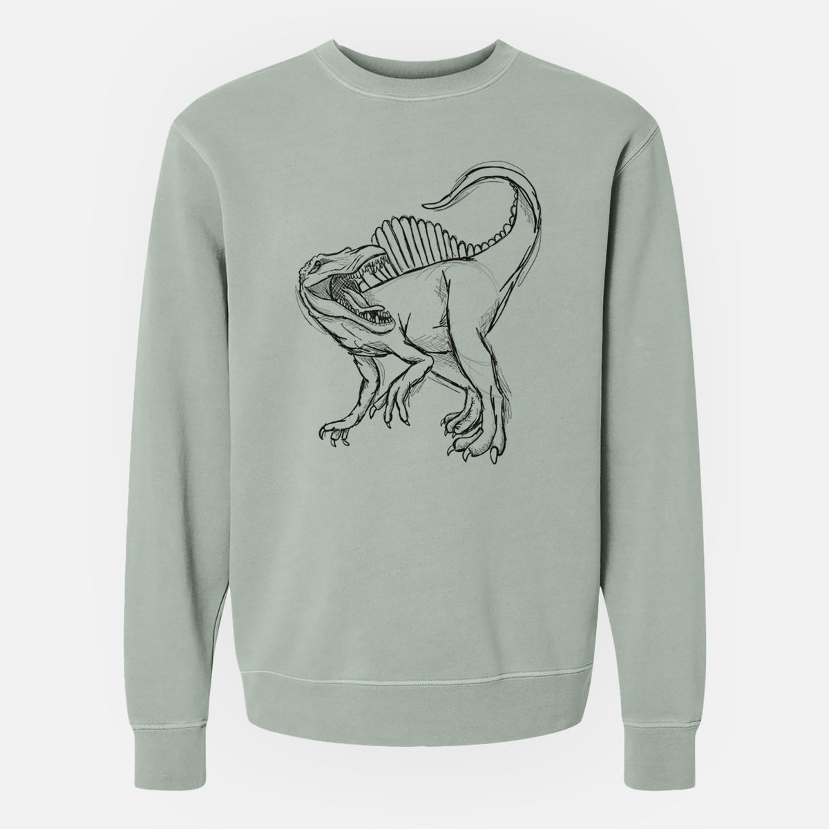 Sage green pigment dyed crewneck sweatshirt laid flat, printed with a black ink illustration of a Spinosaurus with its tall sail-shaped back.
