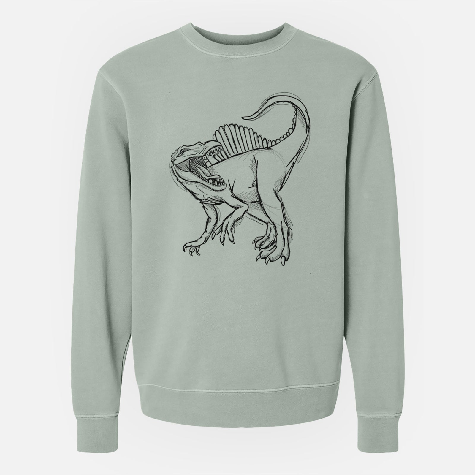 Sage green pigment dyed crewneck sweatshirt laid flat, printed with a black ink illustration of a Spinosaurus with its tall sail-shaped back.