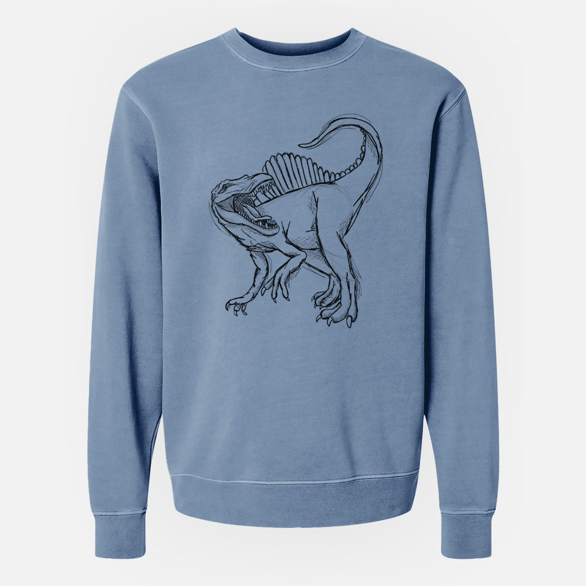 Slate blue pigment dyed crewneck sweatshirt laid flat, printed with a black ink illustration of a Spinosaurus with its tall sail-shaped back.