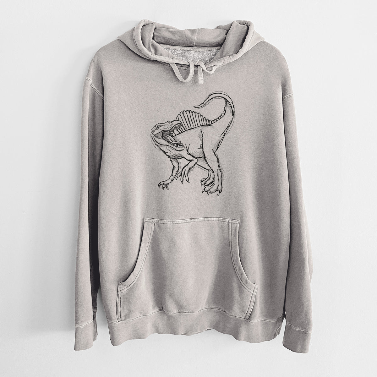 Cement grey pigment dyed hoodie laid flat, printed with a black ink illustration of a Spinosaurus with its tall sail-shaped back.