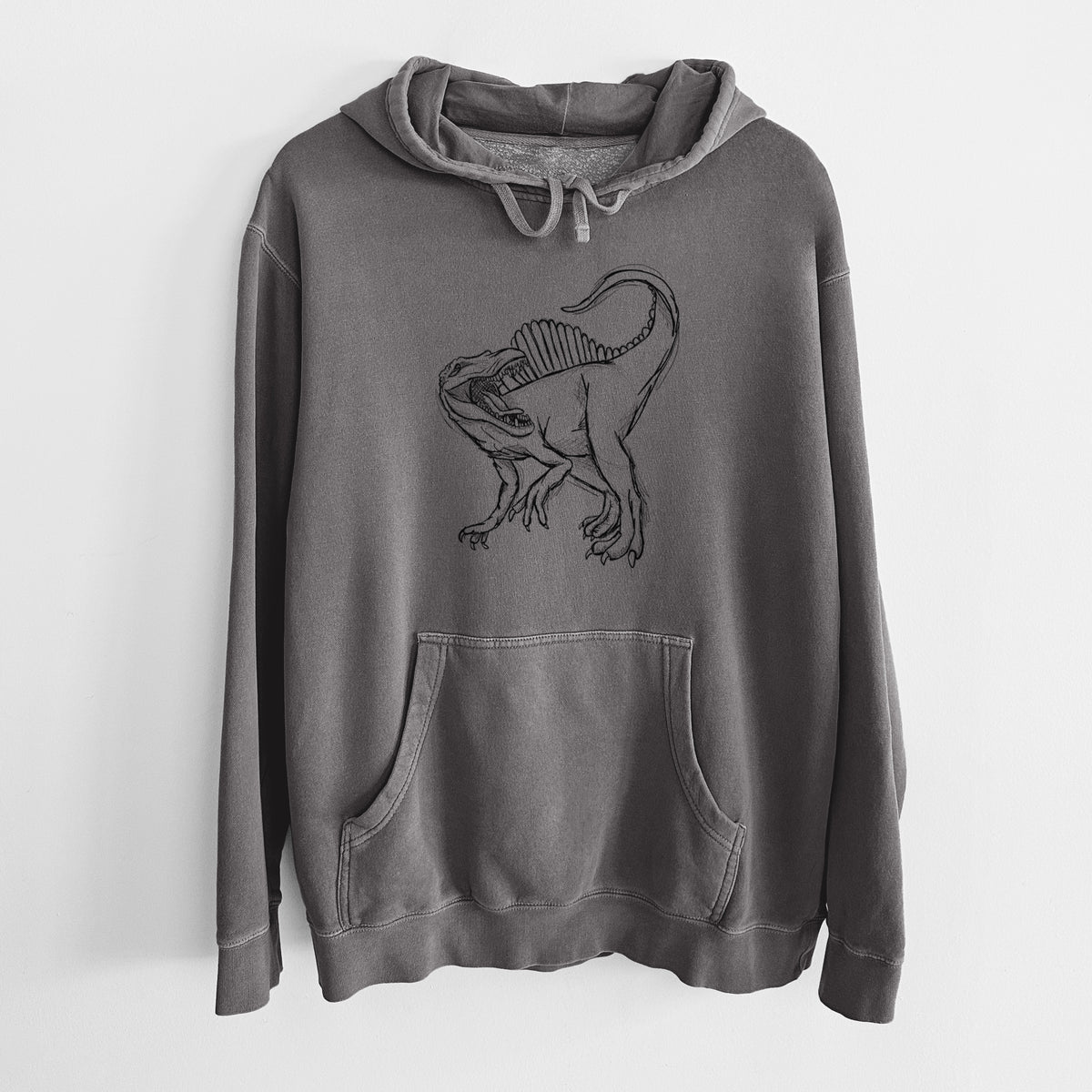 Faded black pigment dyed hoodie laid flat, printed with a black ink illustration of a Spinosaurus with its tall sail-shaped back.