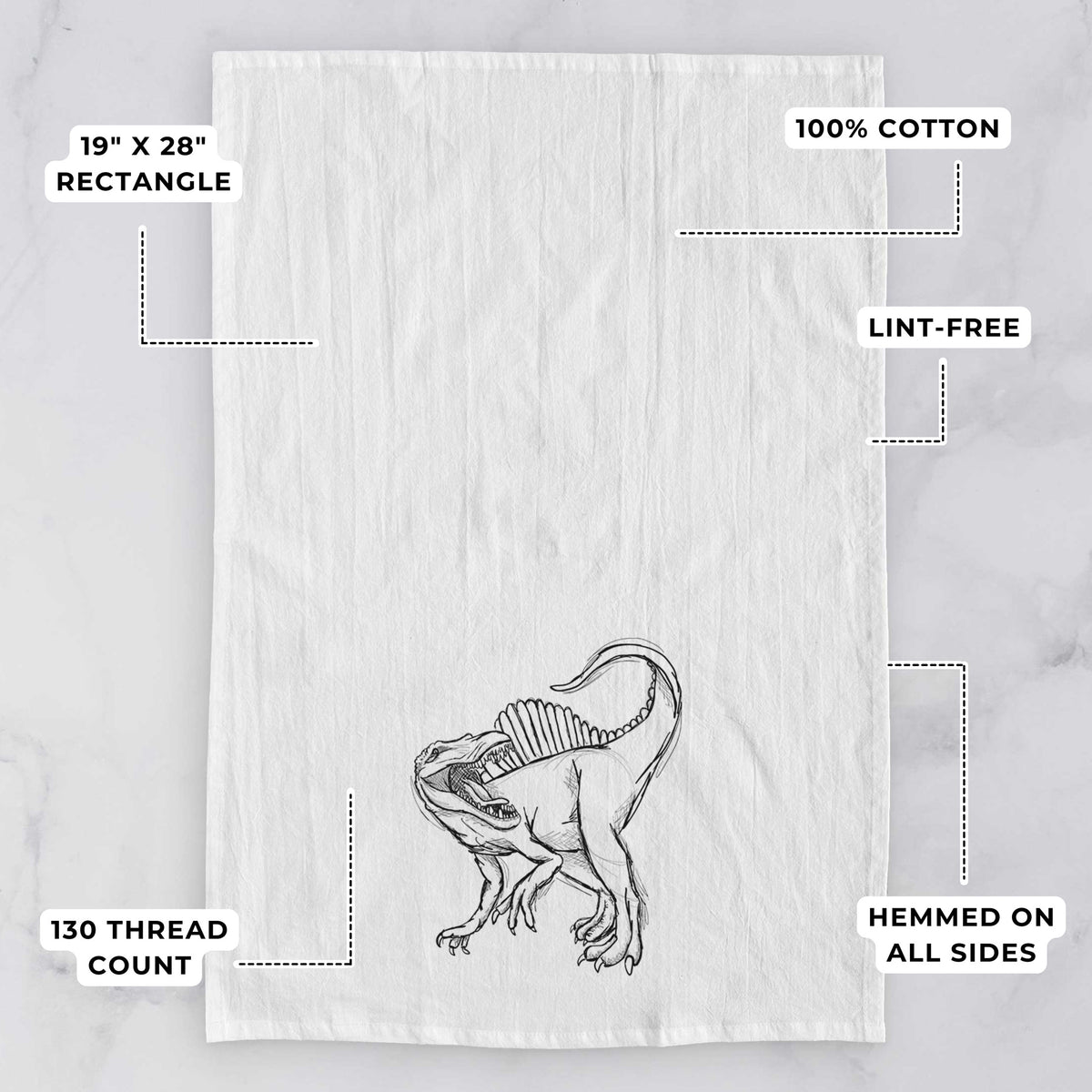 White tea towel printed with a black ink illustration of a Spinosaurus with its tall sail-shaped back, with feature labels: 19 by 28 inch rectangle, 100% cotton, lint-free, 130 thread count, hemmed on all sides.