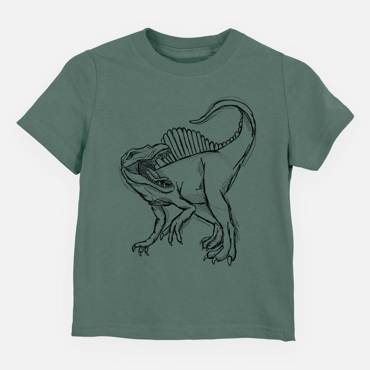 Basil green toddler t-shirt laid flat, printed with a black ink illustration of a Spinosaurus with its tall sail-shaped back.