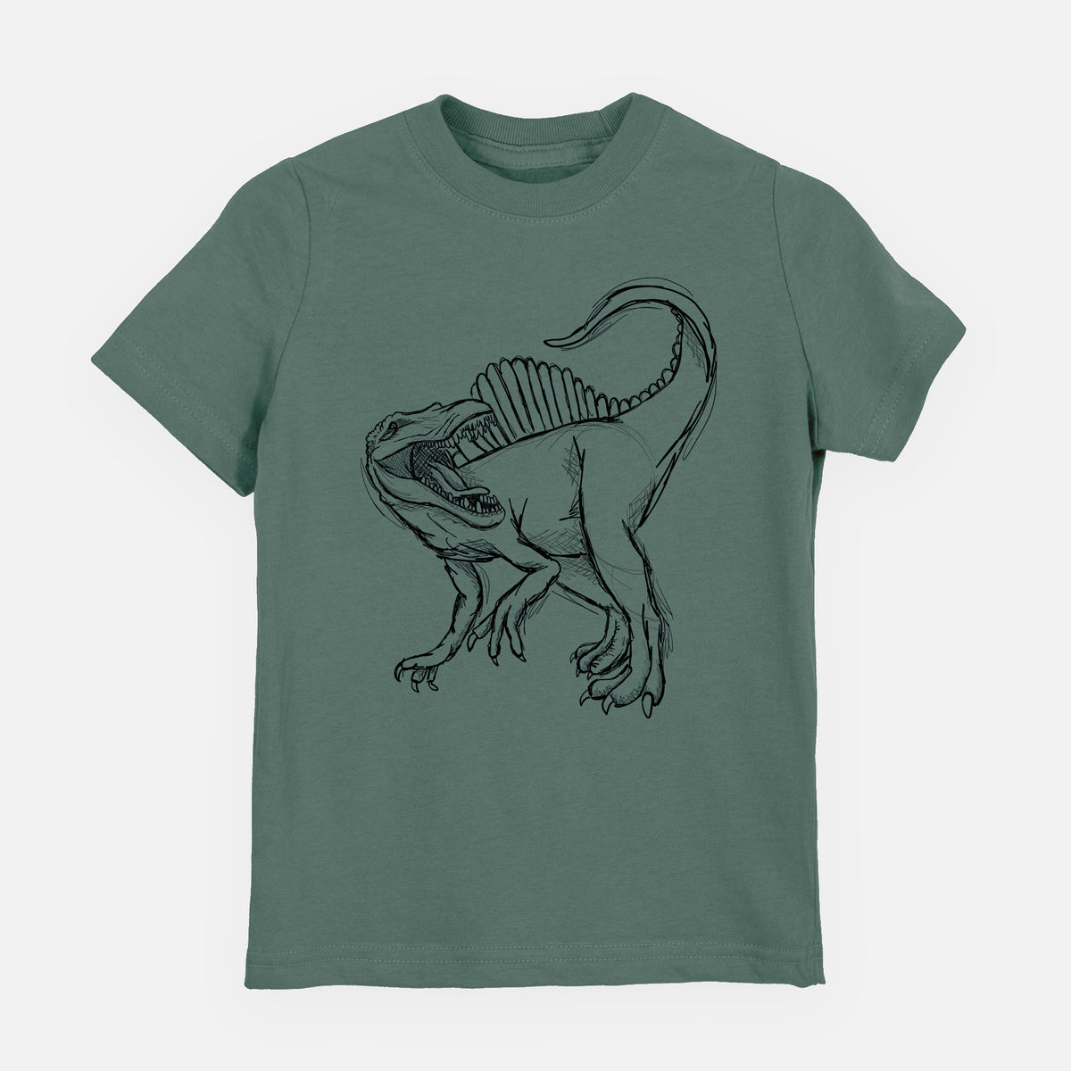 Basil green youth t-shirt laid flat, printed with a black ink illustration of a Spinosaurus with its tall sail-shaped back.
