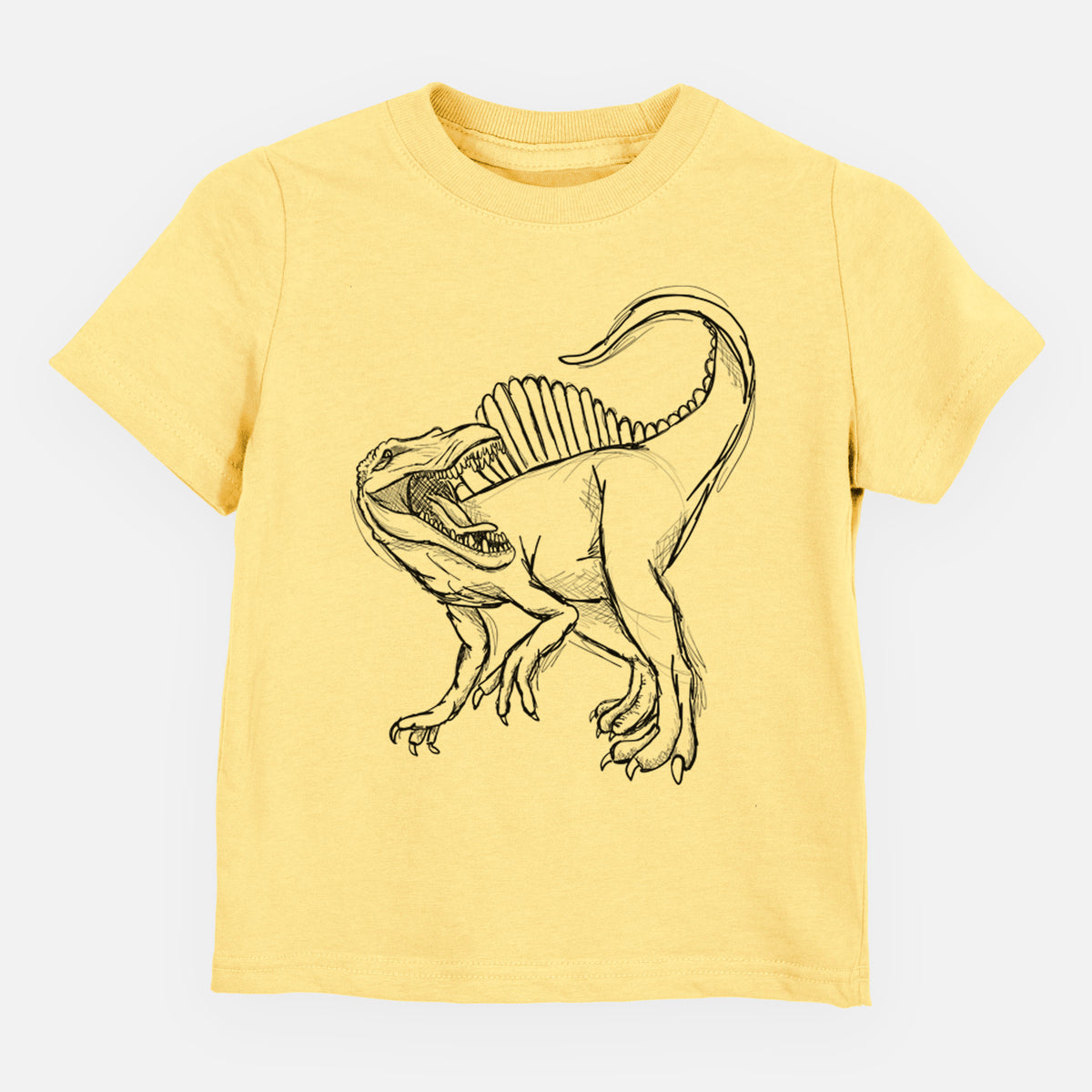 Butter yellow toddler t-shirt laid flat, printed with a black ink illustration of a Spinosaurus with its tall sail-shaped back.
