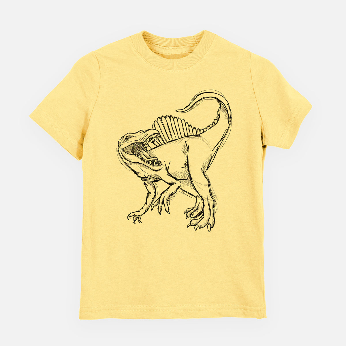 Butter yellow youth t-shirt laid flat, printed with a black ink illustration of a Spinosaurus with its tall sail-shaped back.
