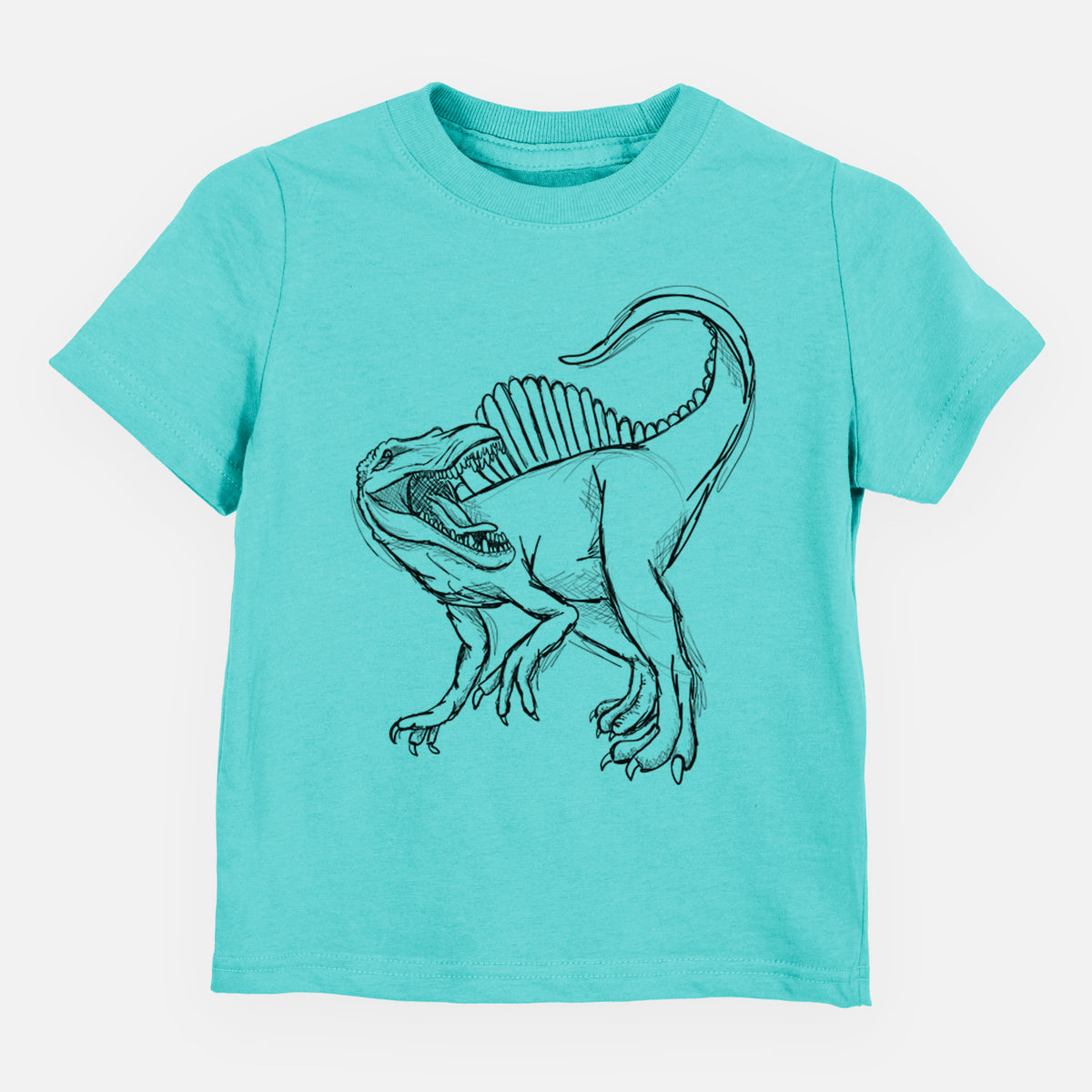 Caribbean blue toddler t-shirt laid flat, printed with a black ink illustration of a Spinosaurus with its tall sail-shaped back.