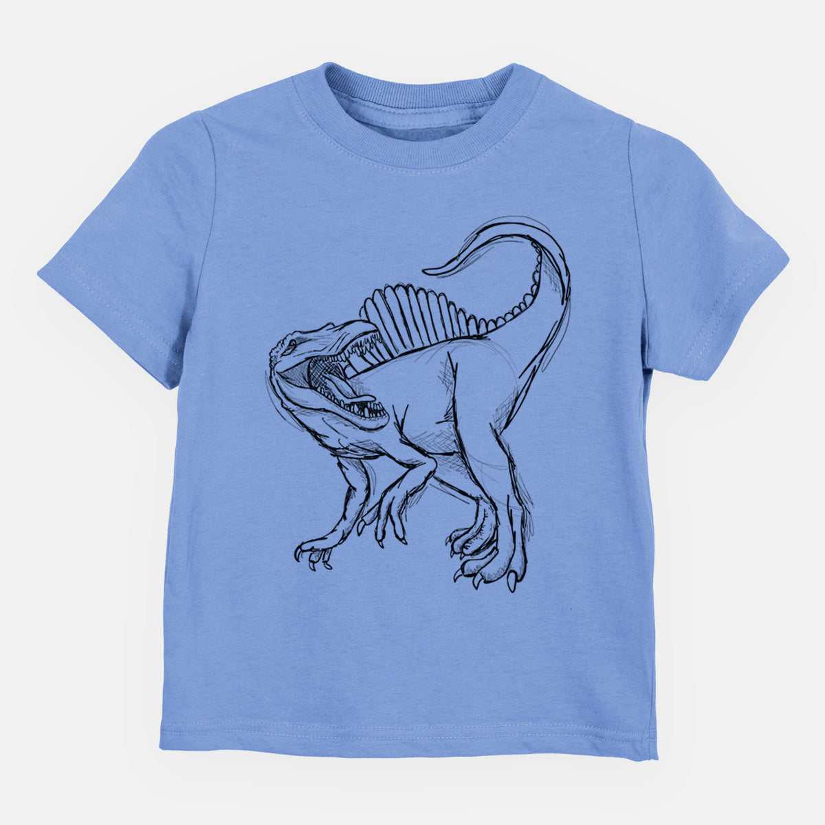 Carolina blue toddler t-shirt laid flat, printed with a black ink illustration of a Spinosaurus with its tall sail-shaped back.