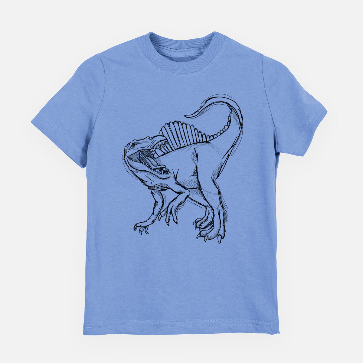 Carolina blue youth t-shirt laid flat, printed with a black ink illustration of a Spinosaurus with its tall sail-shaped back.