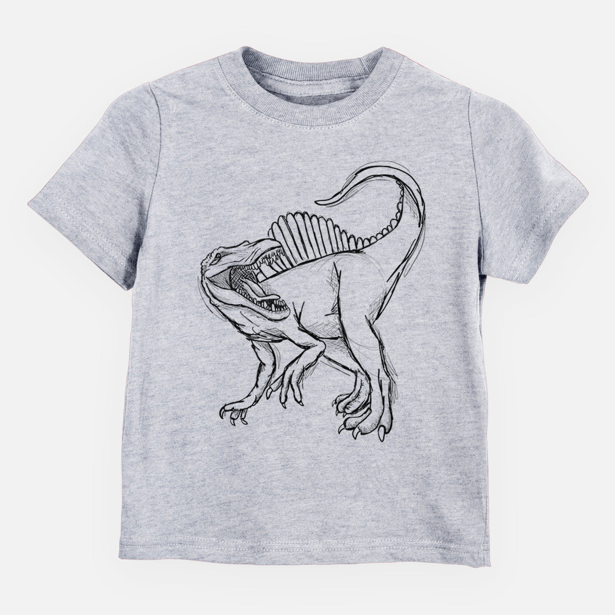Heather grey toddler t-shirt laid flat, printed with a black ink illustration of a Spinosaurus with its tall sail-shaped back.