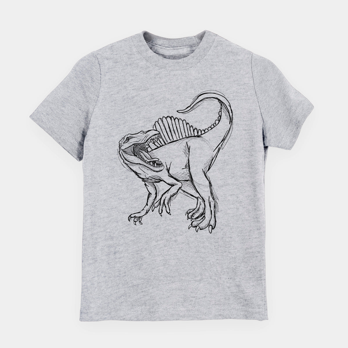 Heather grey youth t-shirt laid flat, printed with a black ink illustration of a Spinosaurus with its tall sail-shaped back.