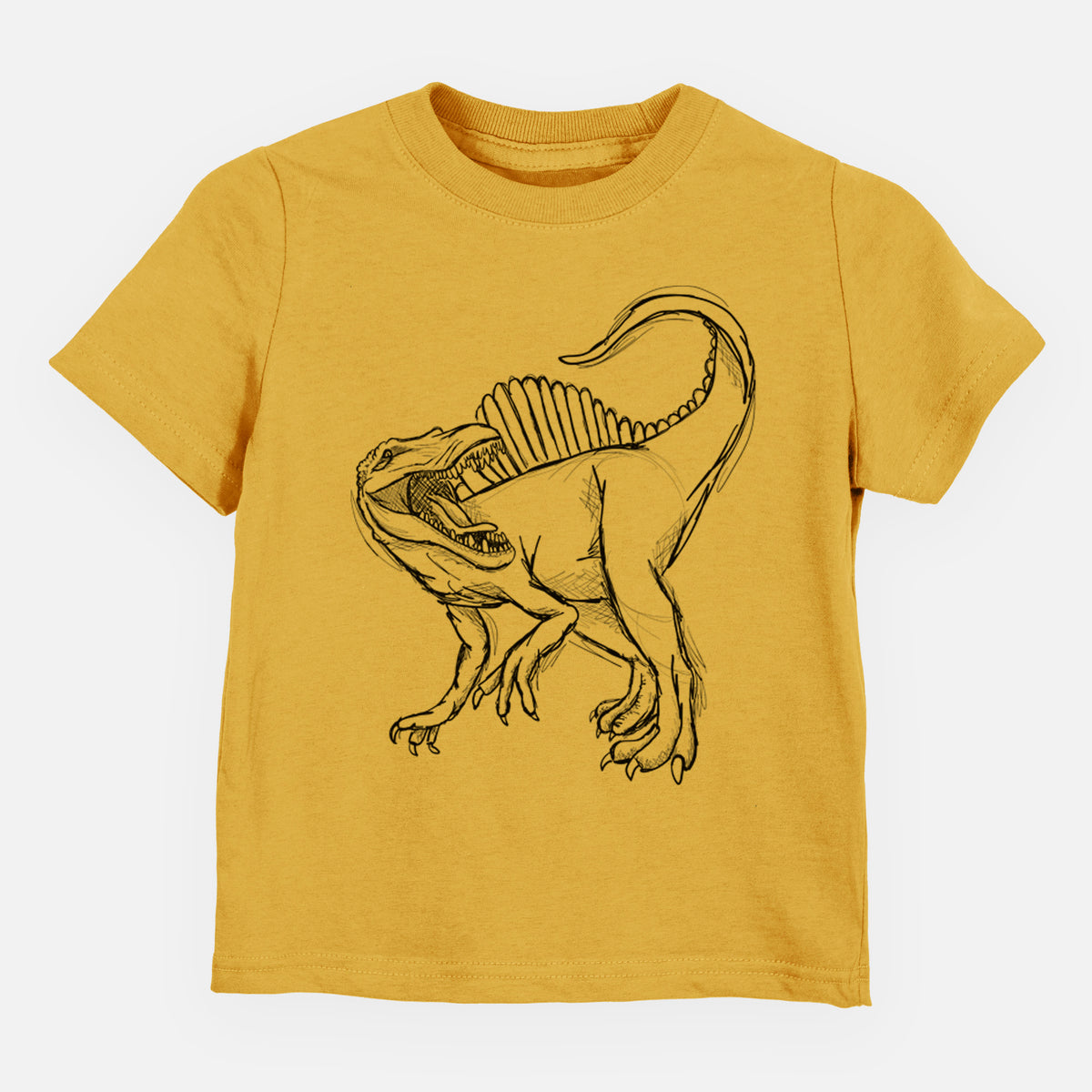 Honeycomb yellow toddler t-shirt laid flat, printed with a black ink illustration of a Spinosaurus with its tall sail-shaped back.
