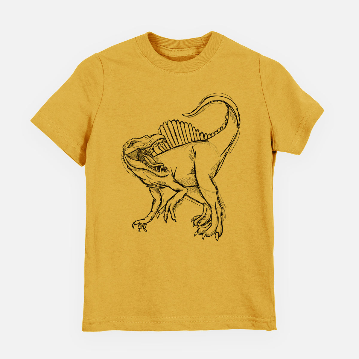 Honeycomb yellow youth t-shirt laid flat, printed with a black ink illustration of a Spinosaurus with its tall sail-shaped back.