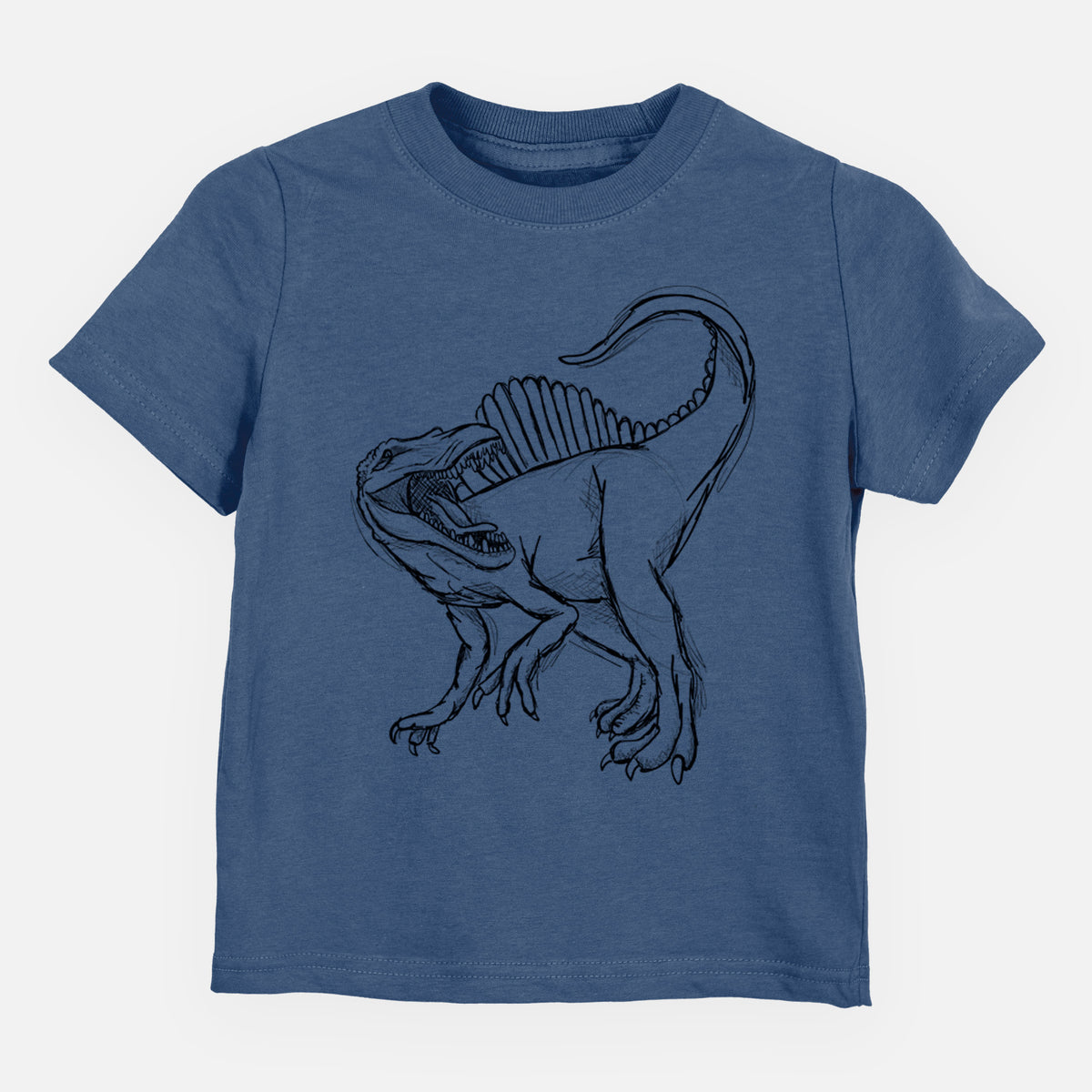 Indigo blue toddler t-shirt laid flat, printed with a black ink illustration of a Spinosaurus with its tall sail-shaped back.