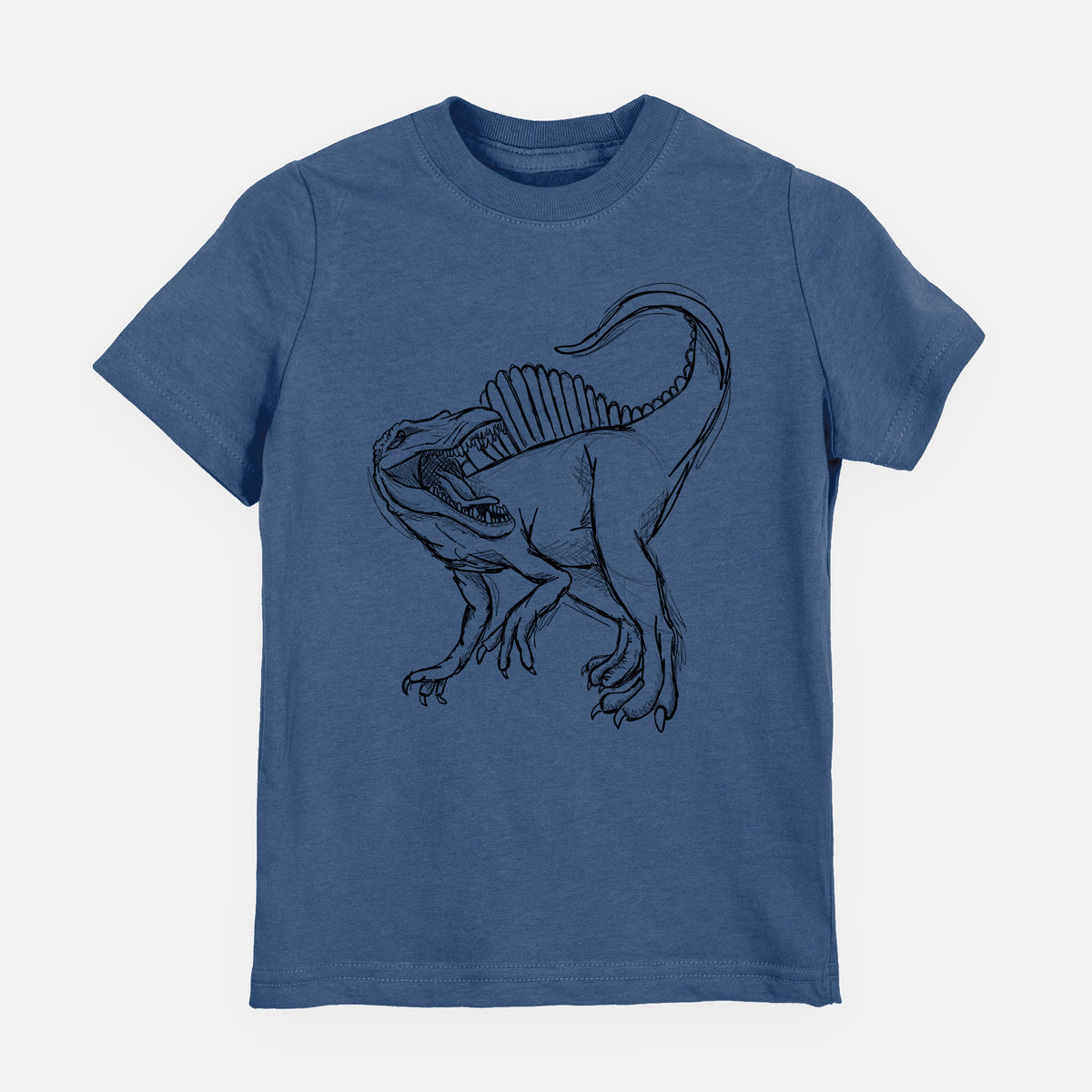 Indigo blue youth t-shirt laid flat, printed with a black ink illustration of a Spinosaurus with its tall sail-shaped back.