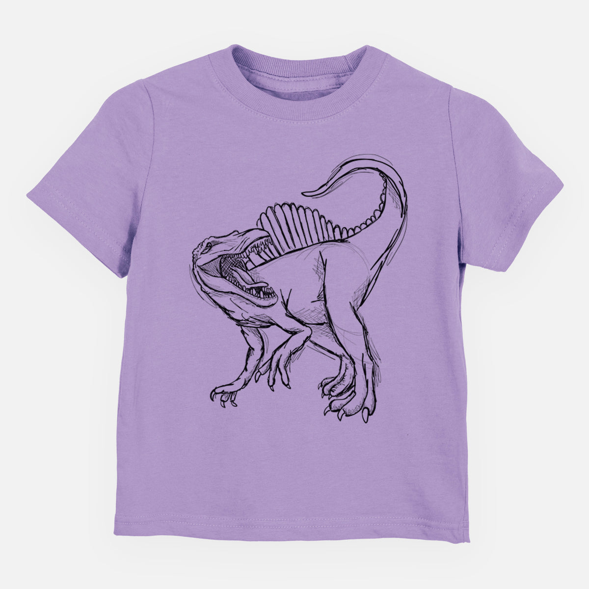 Lavender toddler t-shirt laid flat, printed with a black ink illustration of a Spinosaurus with its tall sail-shaped back.